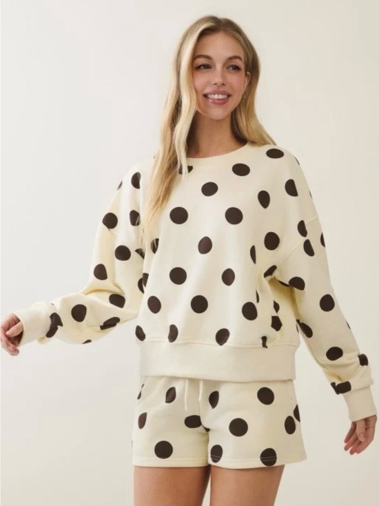 Zenana Outfitters Tops - NWOT Zenana Polka Dot Lounge Set - Cream & Brown Sweatshirt Shorts 2-Piece
